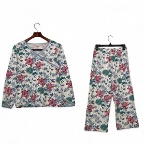 Garnet Hill Green Cotton Floral Asian Wrap Pj Set